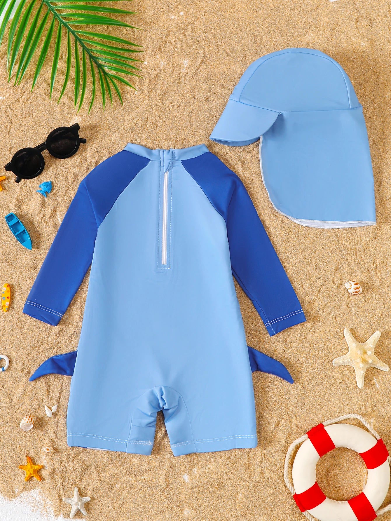 Macacão de Praia Infantil Tubarão Manga Longa em Poliéster + Chapéu